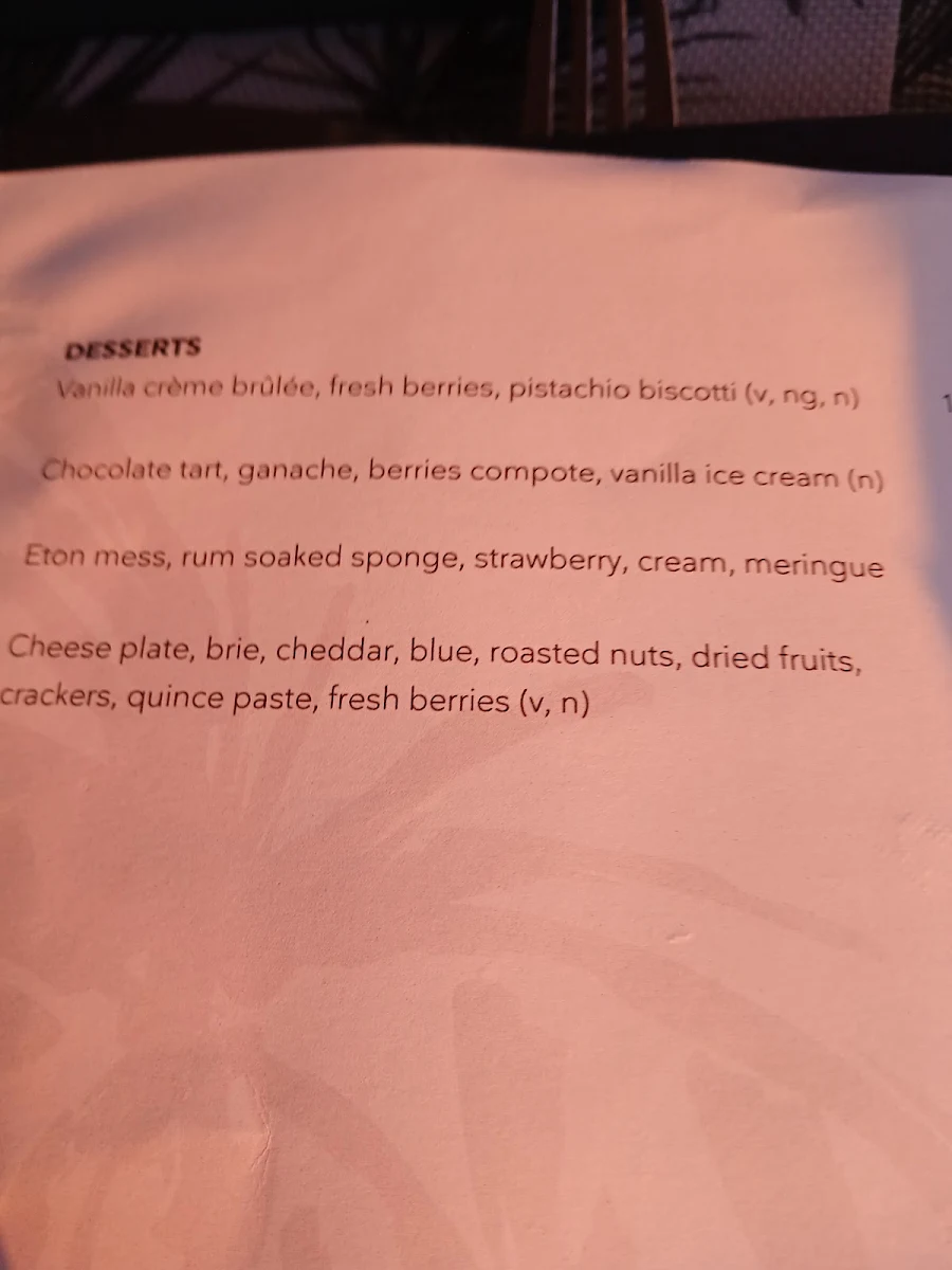 Menu, Sunset Bar & Grill