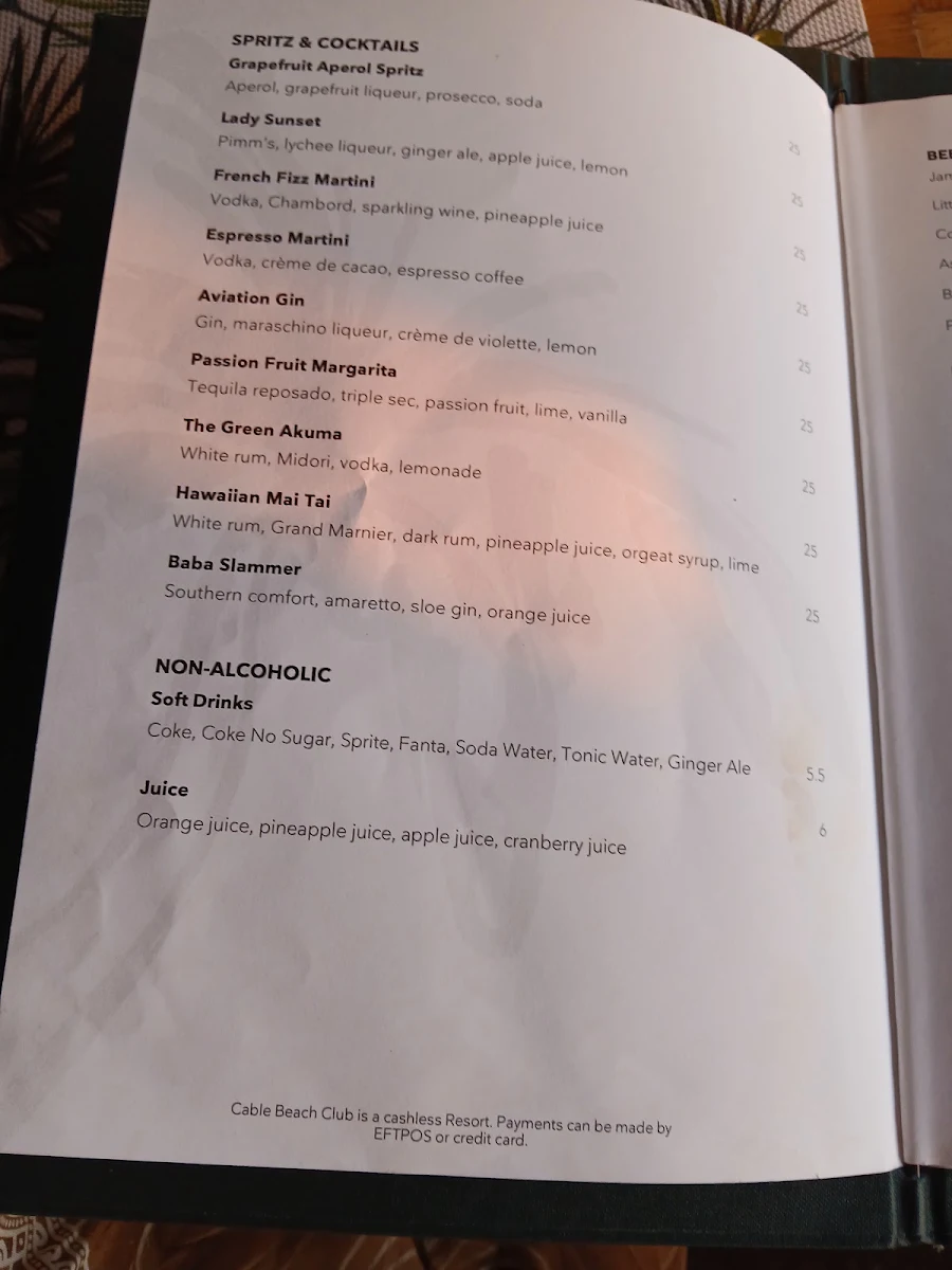 Menu, Sunset Bar & Grill