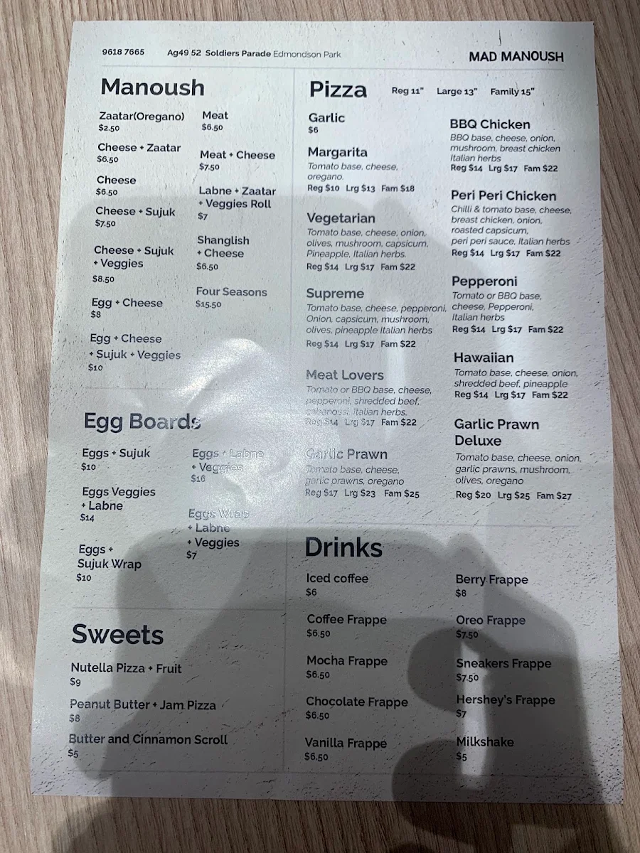 Menu, Mad Manoush (Ed. Square)
