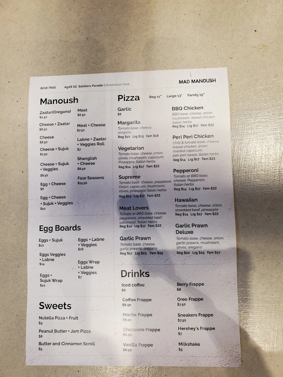 Menu, Mad Manoush (Ed. Square)