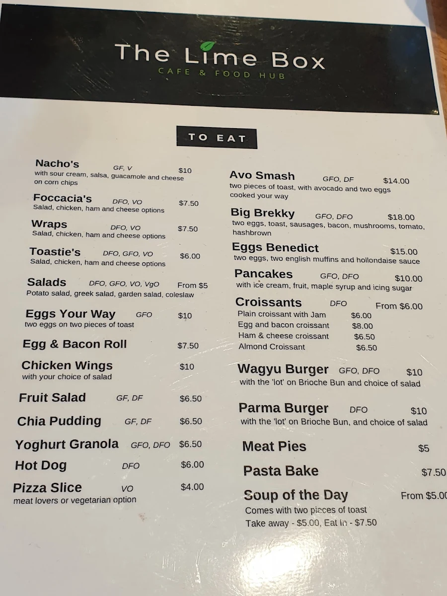Menu, The Lime Box Cafe & Food Hub