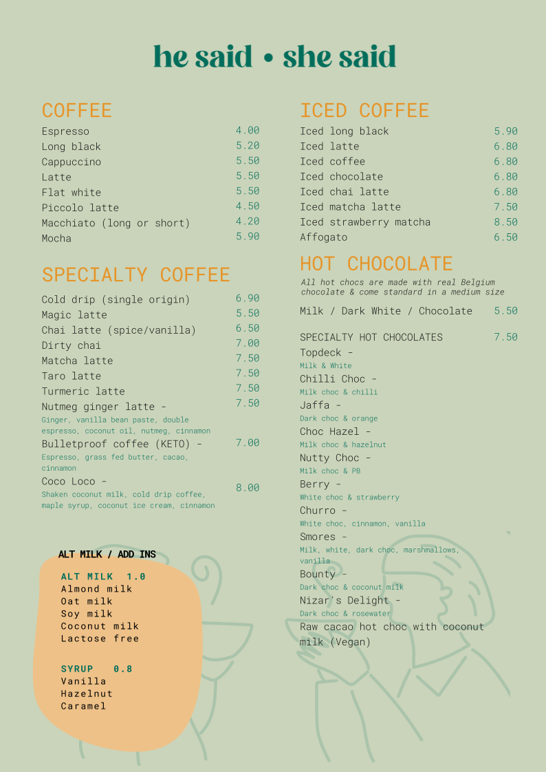 Menu, He Said She Said Hyde Park