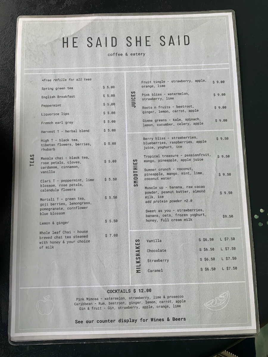 Menu, He Said She Said Hyde Park
