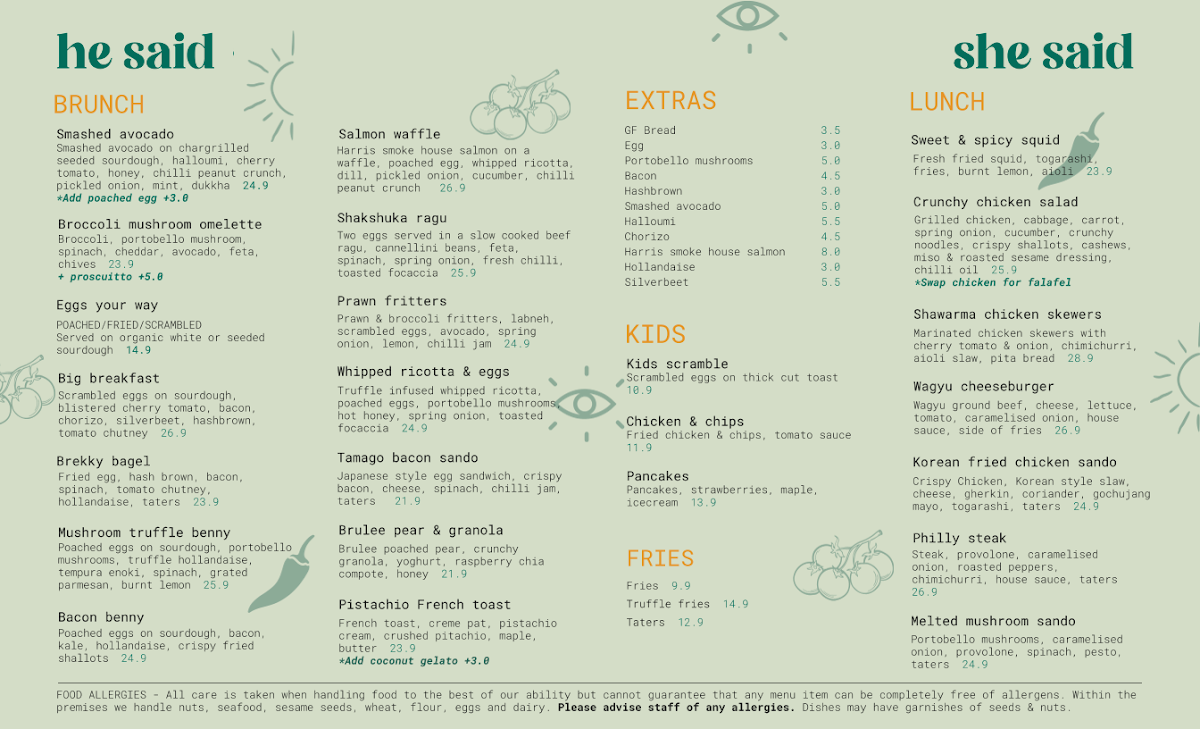 Menu, He Said She Said Hyde Park