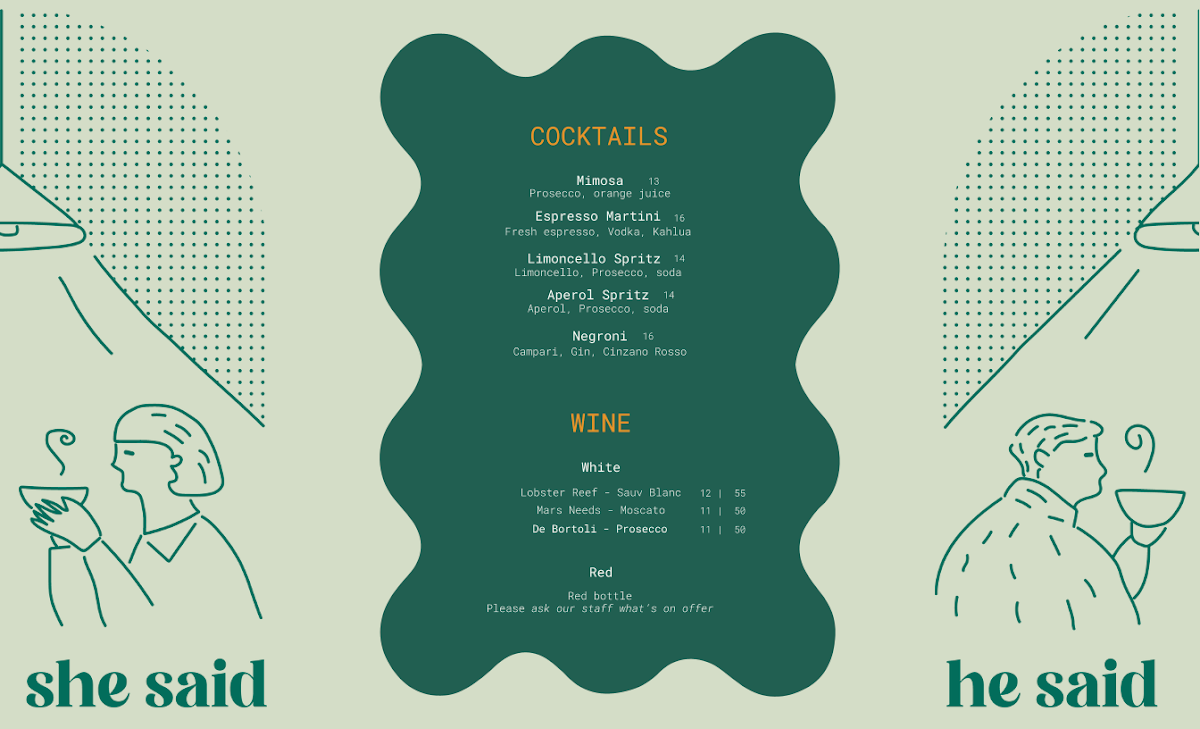 Menu, He Said She Said Hyde Park