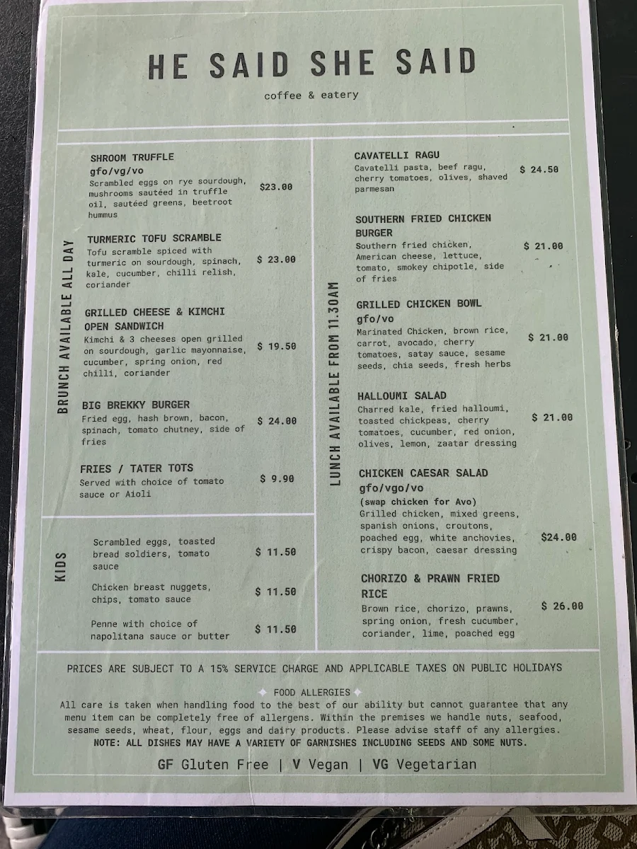 Menu, He Said She Said Hyde Park