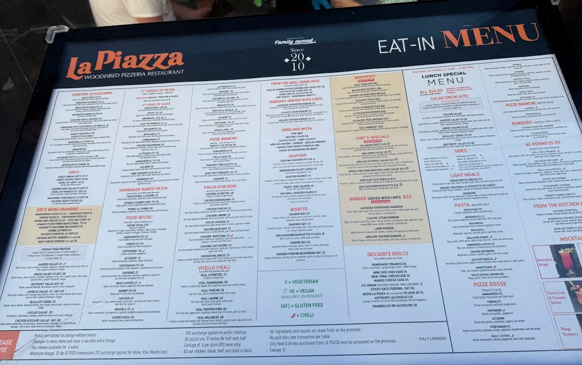 Menu, La Piazza Wood-fired Pizzeria and Restaurant