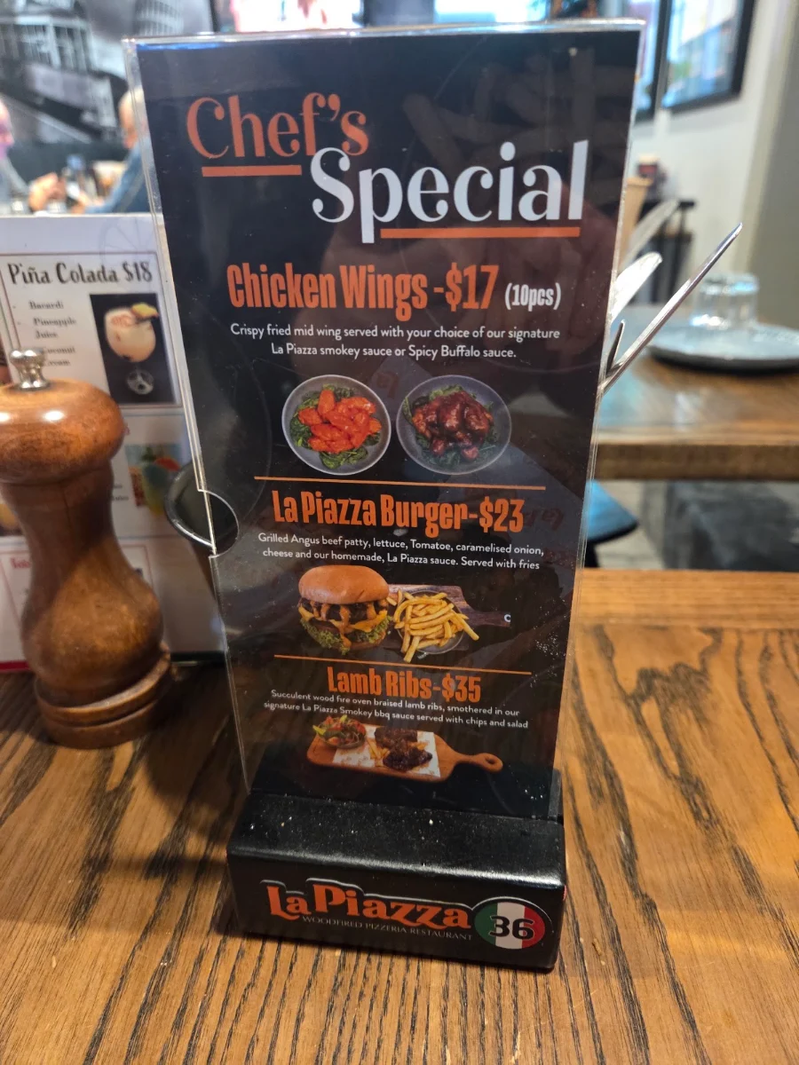 Menu, La Piazza Wood-fired Pizzeria and Restaurant