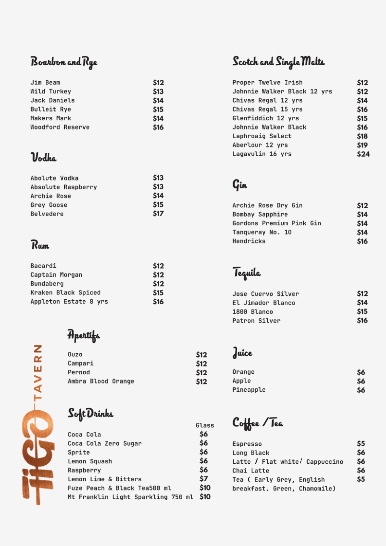 Menu, Tigo Tavern