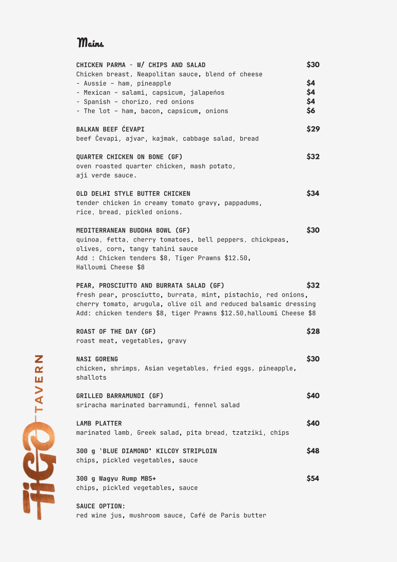 Menu, Tigo Tavern
