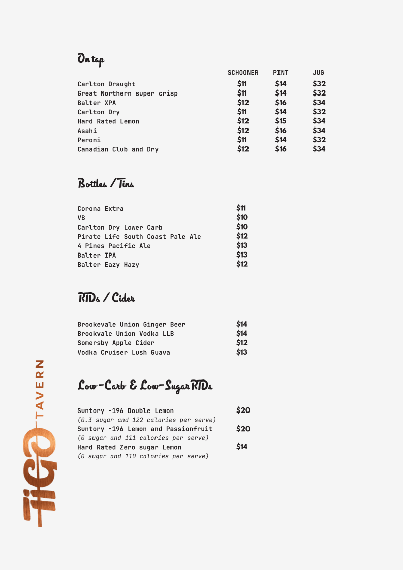 Menu, Tigo Tavern
