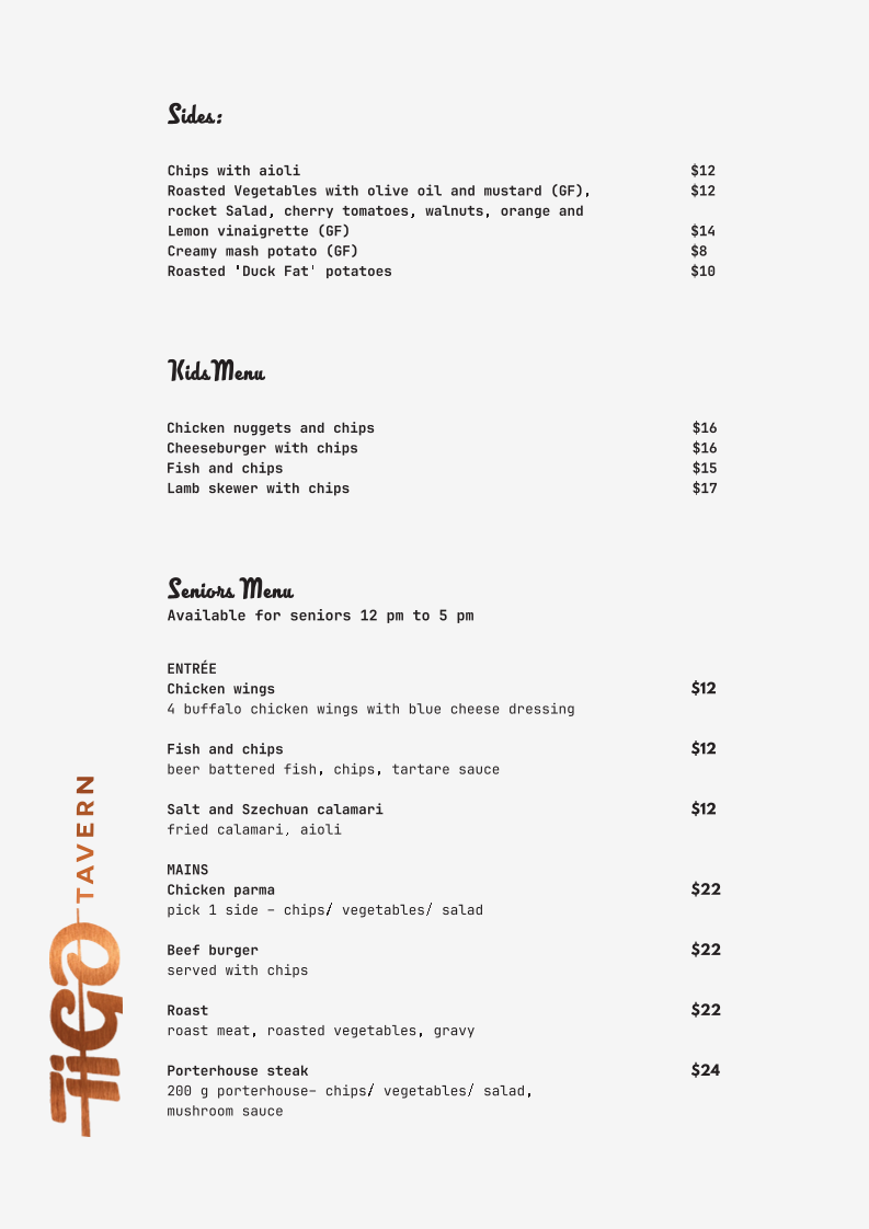 Menu, Tigo Tavern