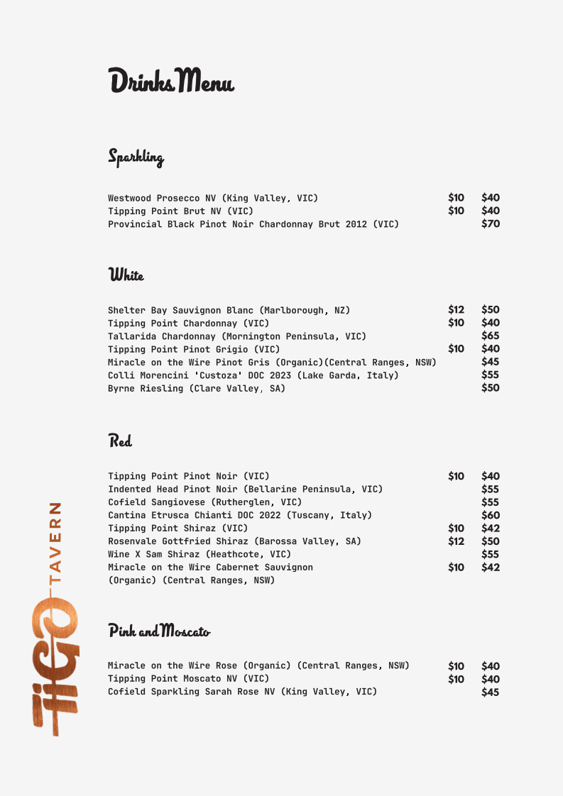 Menu, Tigo Tavern