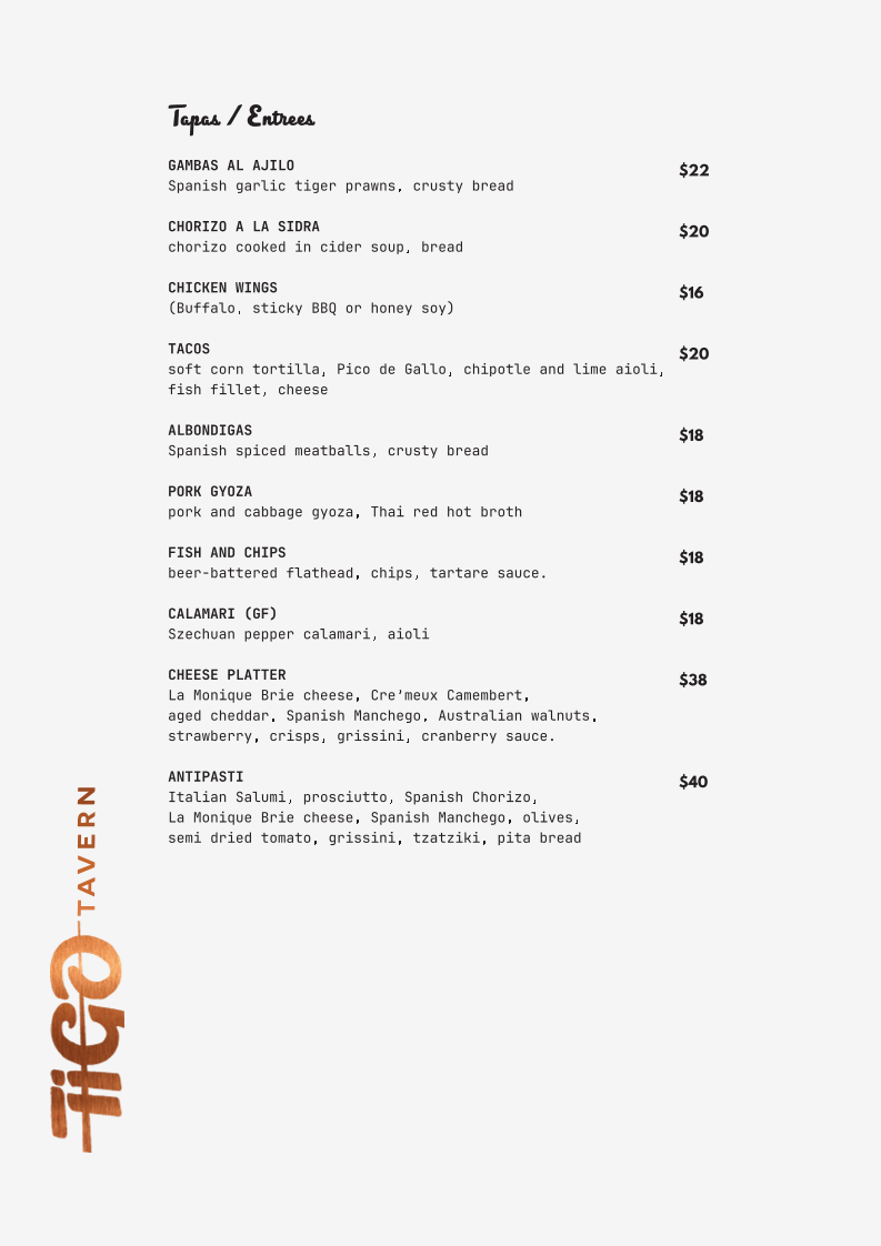 Menu, Tigo Tavern
