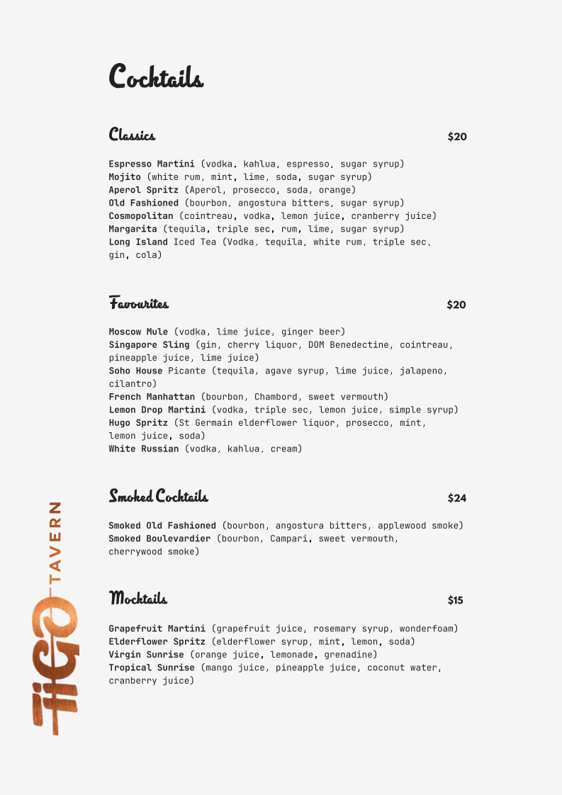 Menu, Tigo Tavern