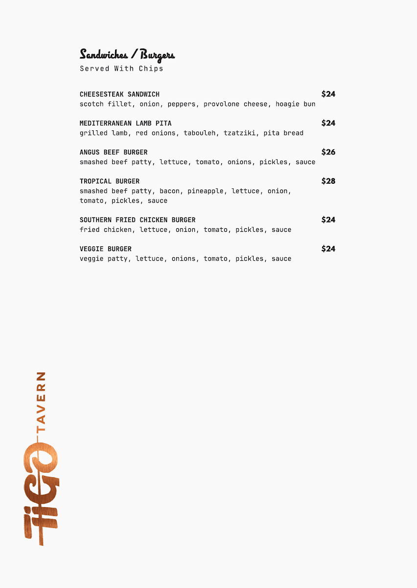 Menu, Tigo Tavern
