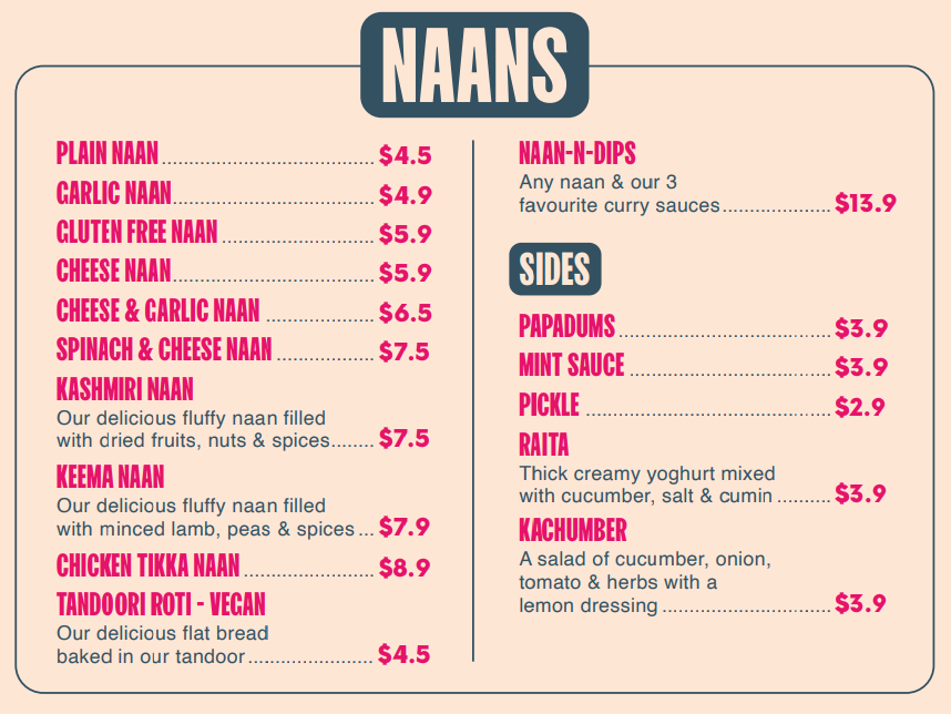 Menu, Naan Sense Indian Diner