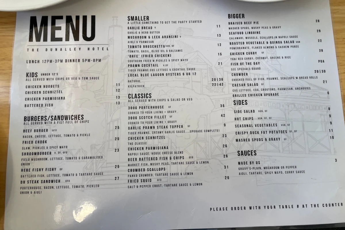 Menu, Dunalley Hotel