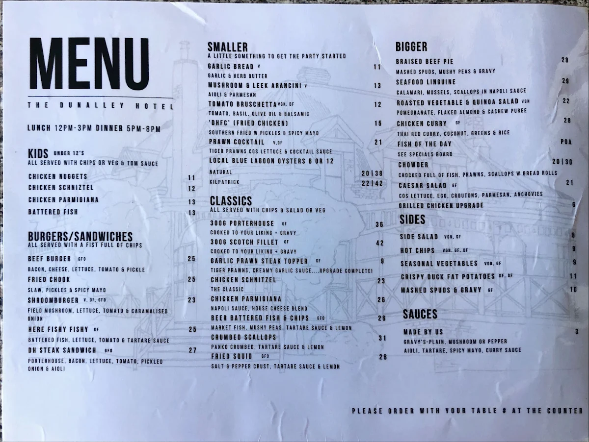 Menu, Dunalley Hotel