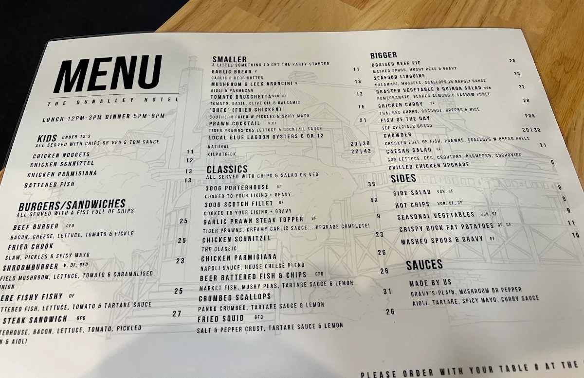 Menu, Dunalley Hotel