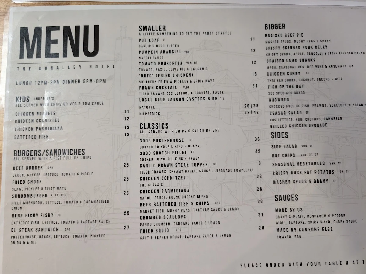 Menu, Dunalley Hotel