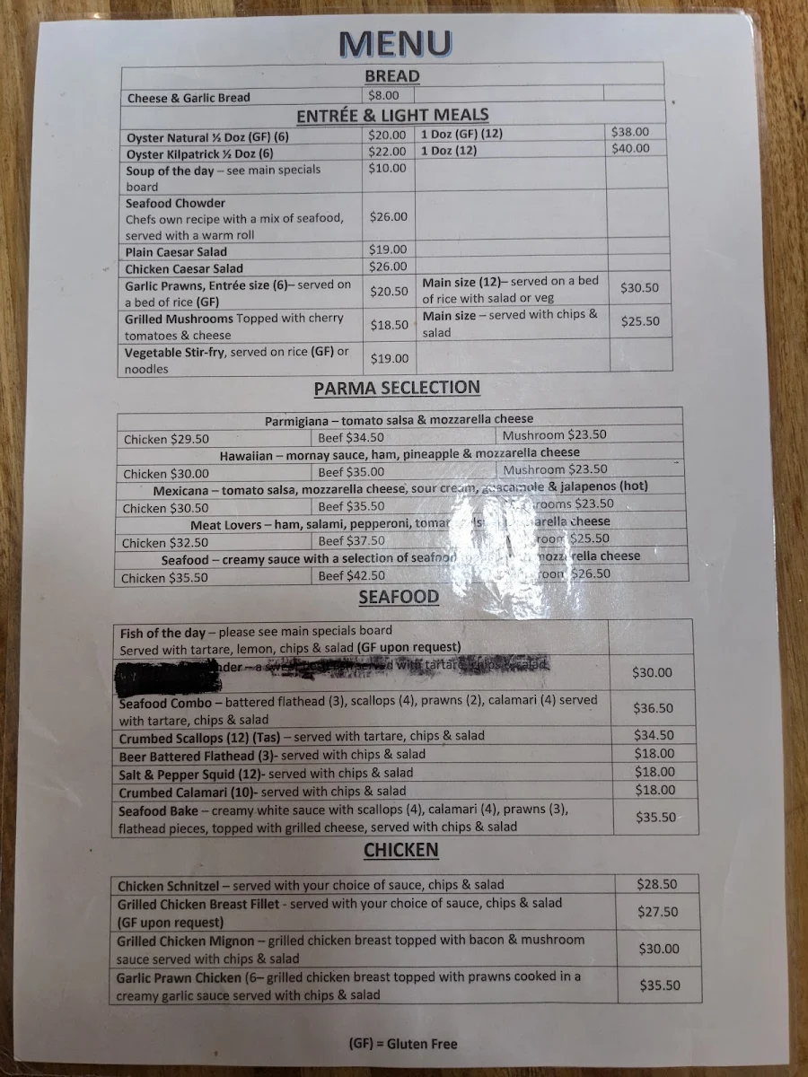 Menu, Dunalley Hotel