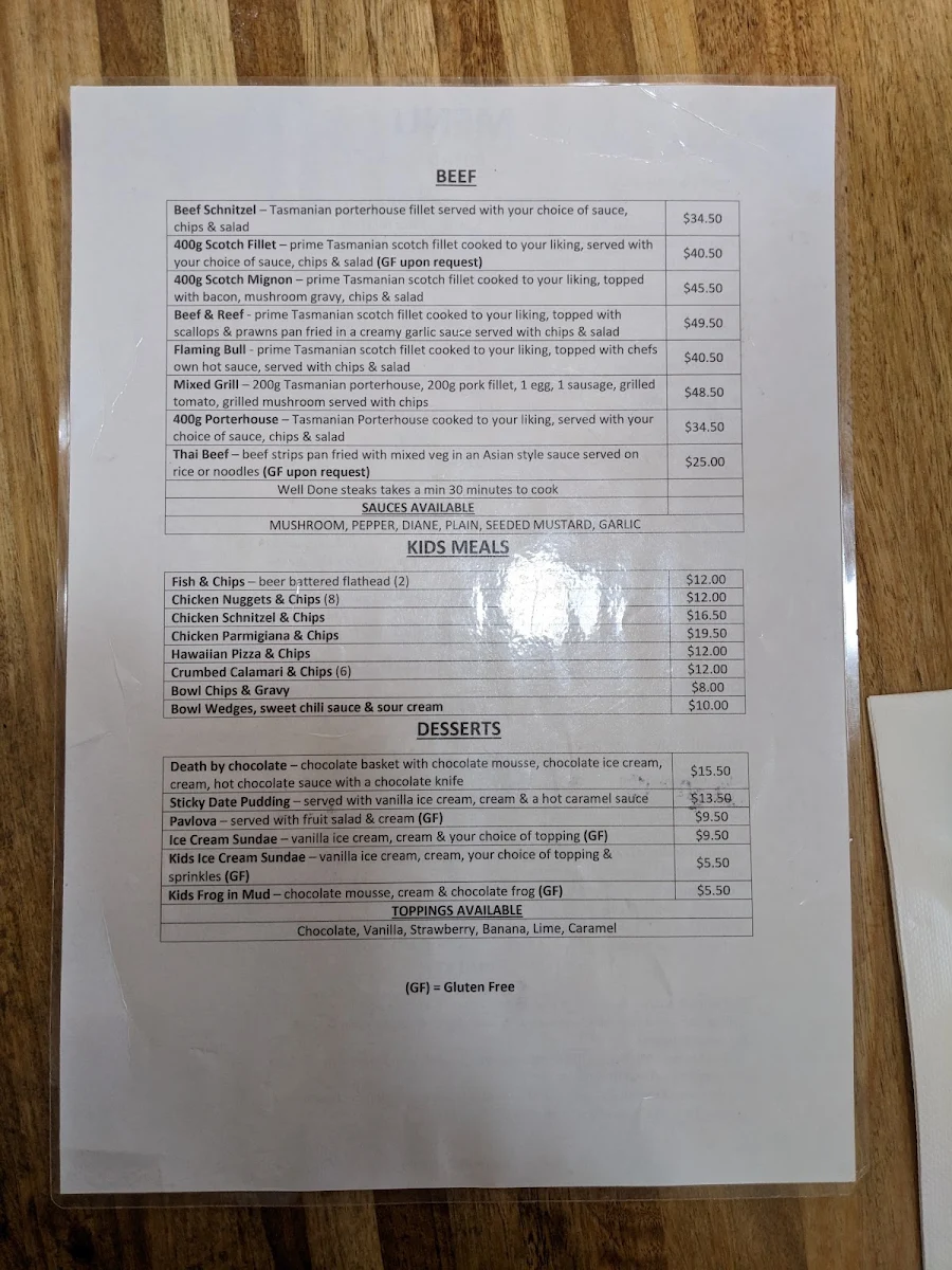 Menu, Dunalley Hotel