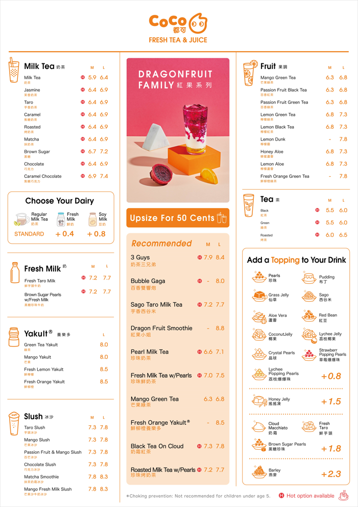 Menu, CoCo Fresh Tea & Juice Hobart