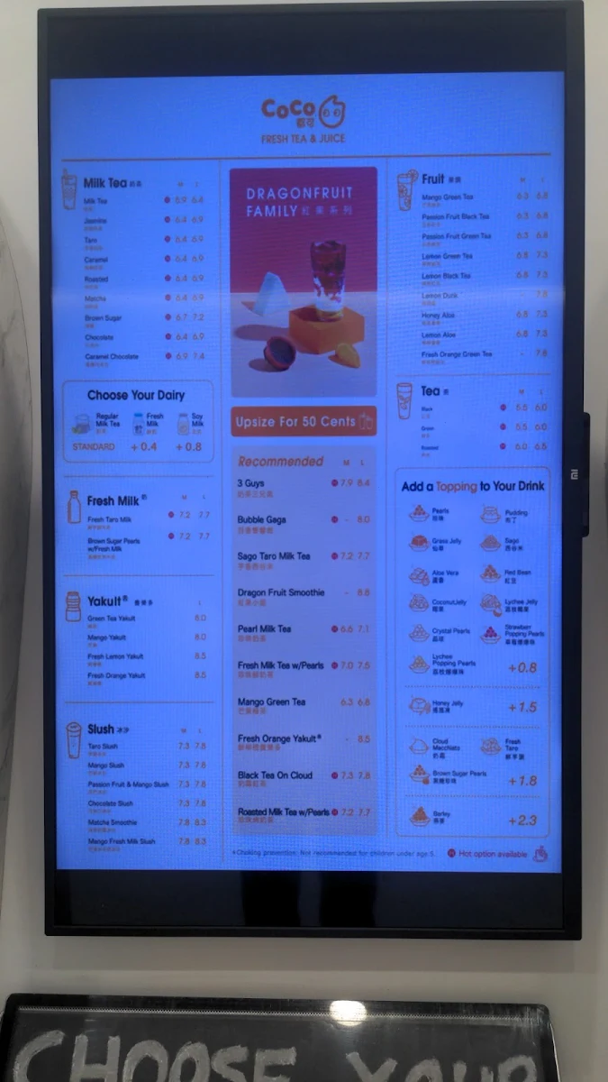 Menu, CoCo Fresh Tea & Juice Hobart