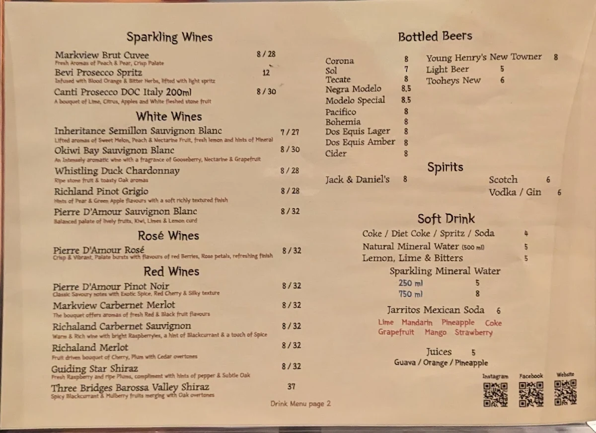 Menu, Baja Cantina (Glebe)