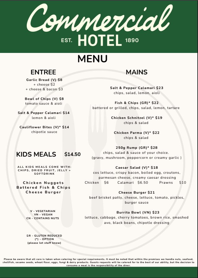 Menu, Commercial Hotel