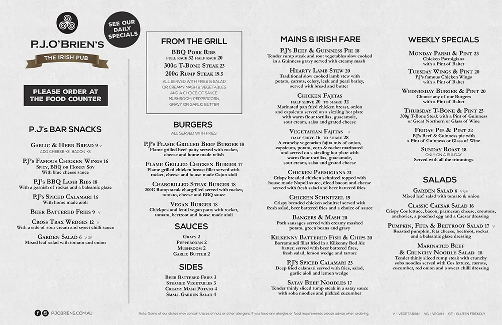 Menu, P.J.O'Brien's Irish Pub