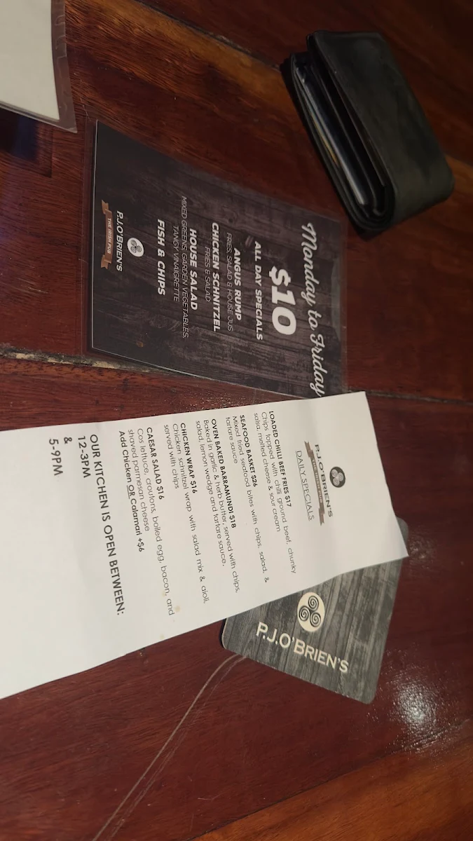Menu, P.J.O'Brien's Irish Pub