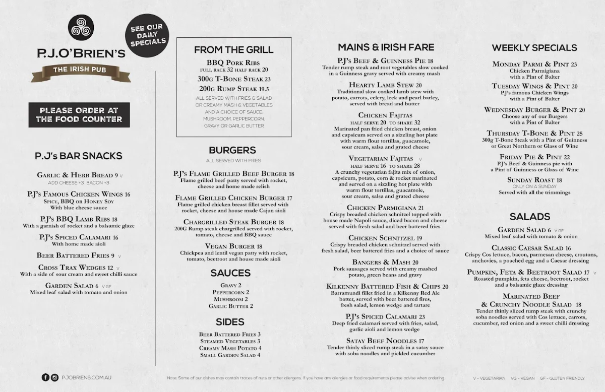 Menu, P.J.O'Brien's Irish Pub