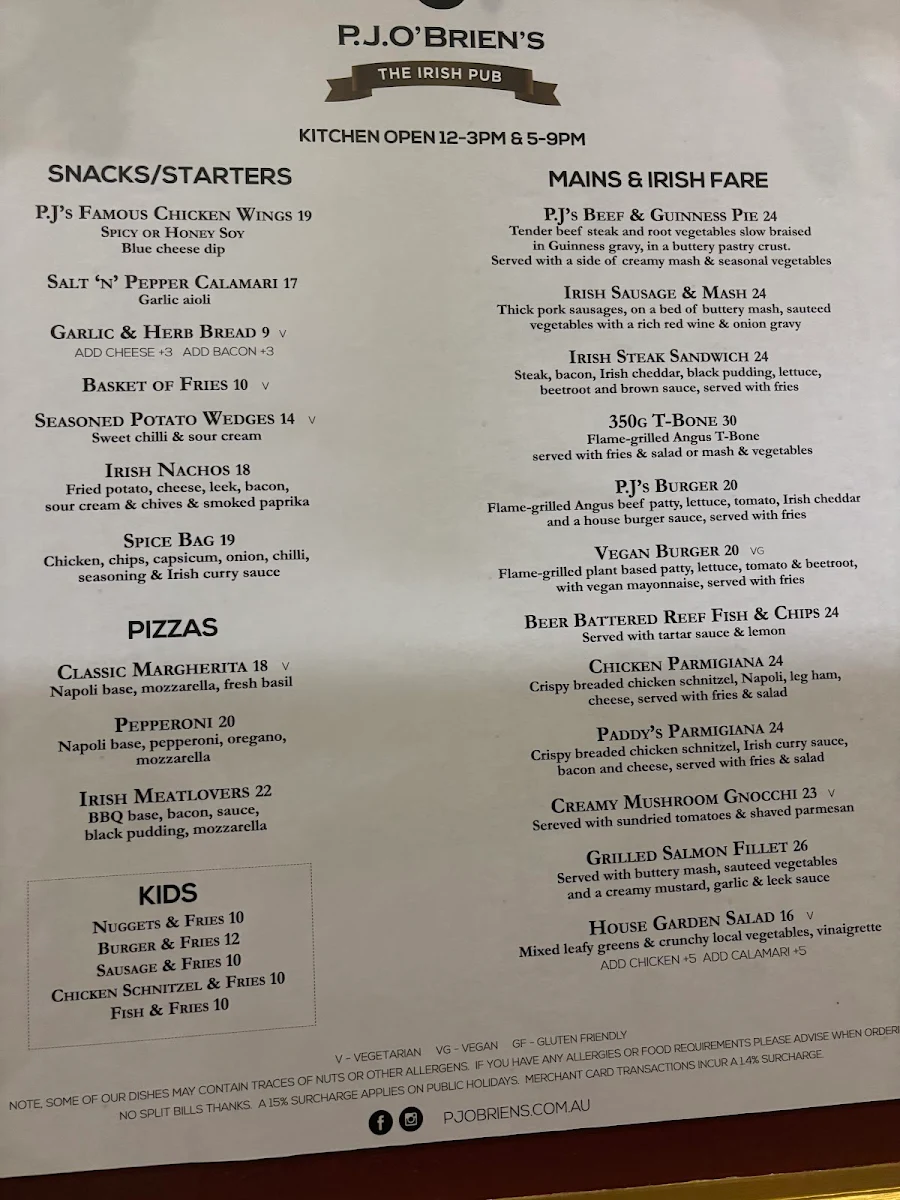 Menu, P.J.O'Brien's Irish Pub