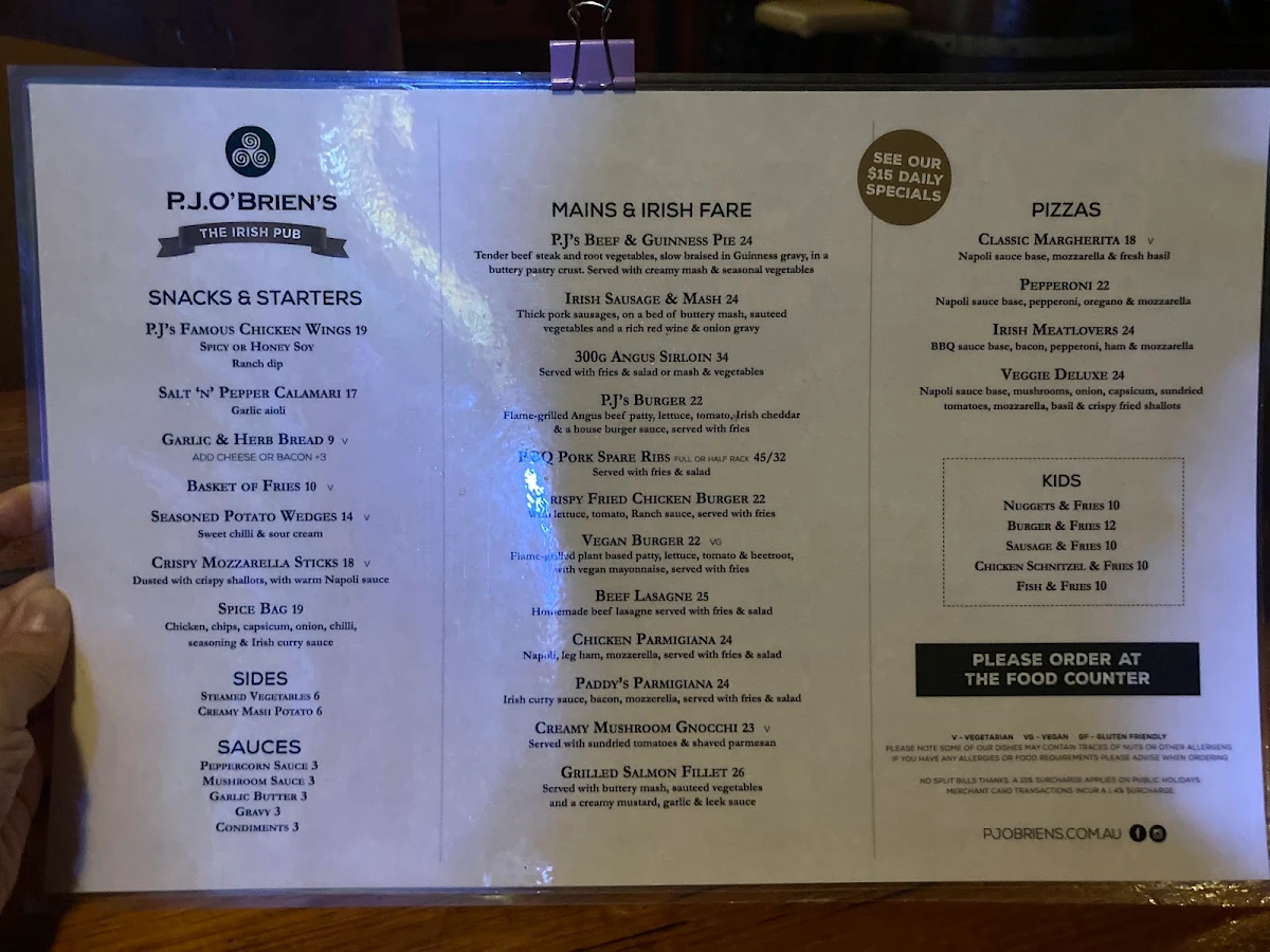 Menu, P.J.O'Brien's Irish Pub