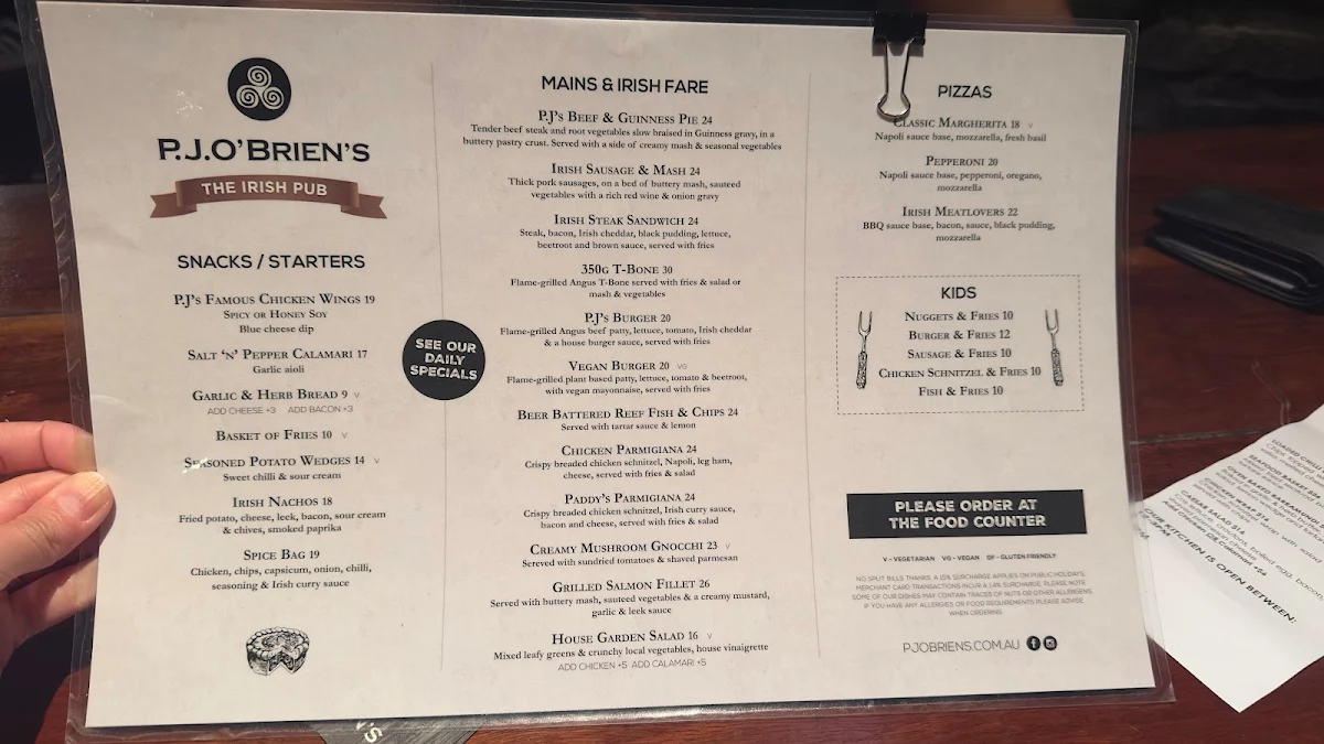 Menu, P.J.O'Brien's Irish Pub