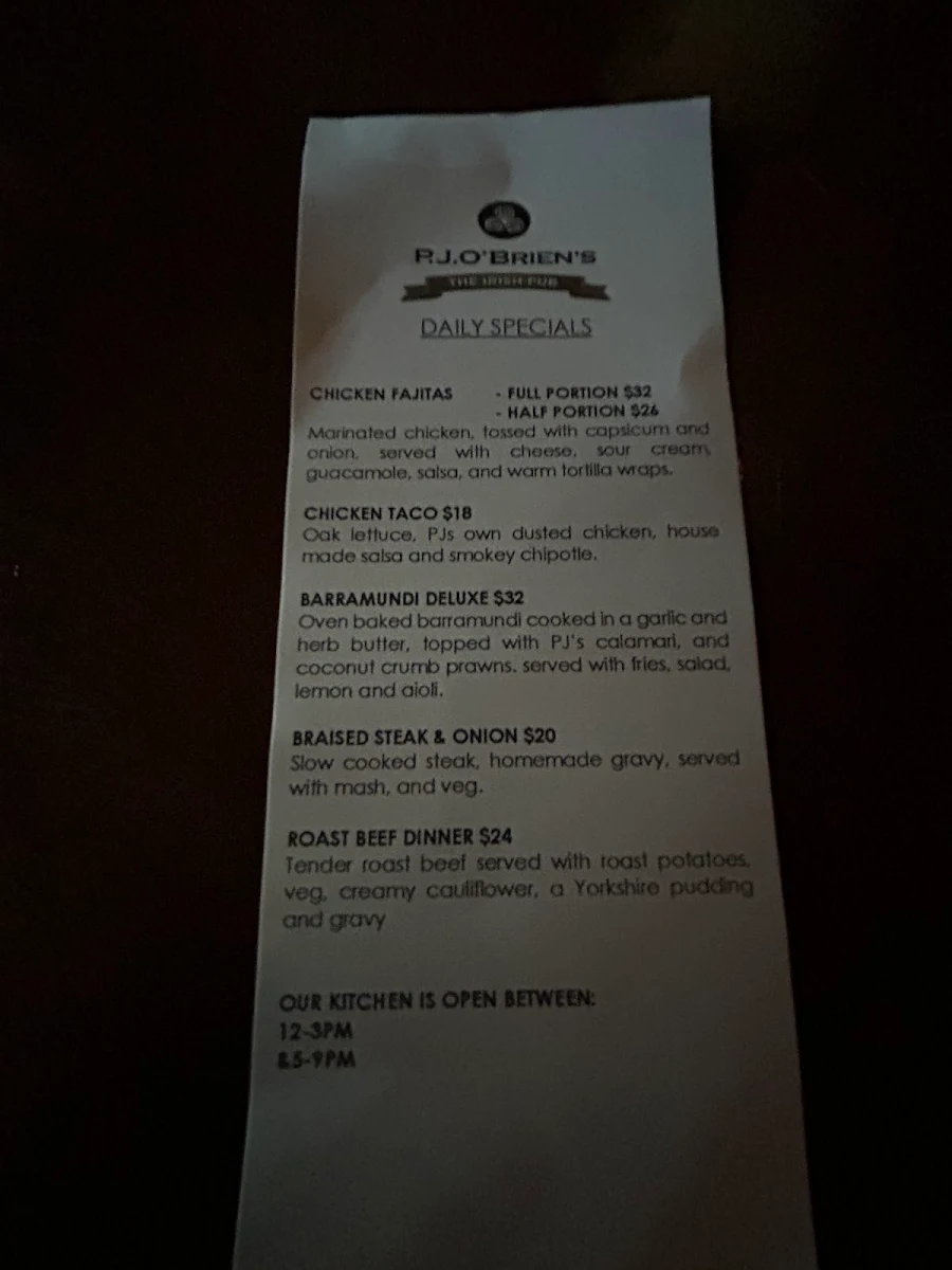Menu, P.J.O'Brien's Irish Pub