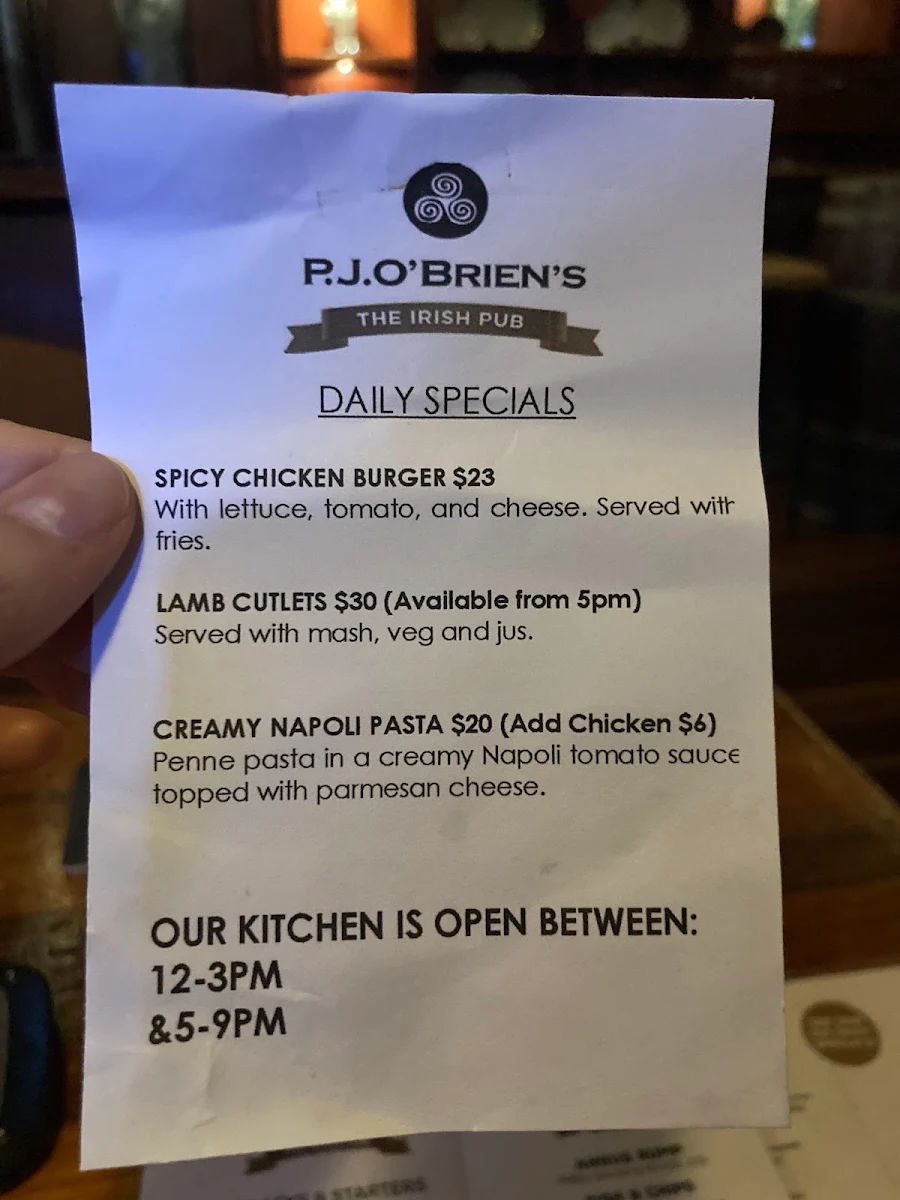 Menu, P.J.O'Brien's Irish Pub