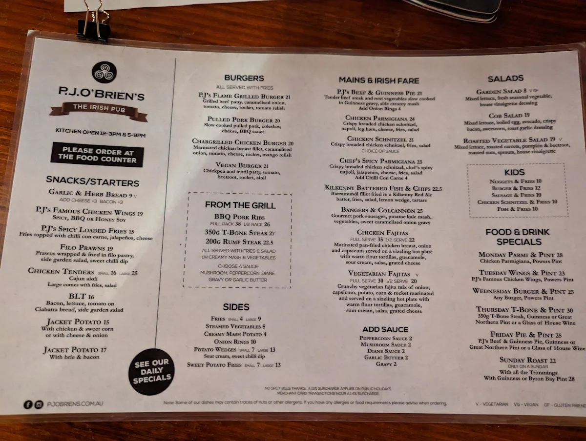 Menu, P.J.O'Brien's Irish Pub