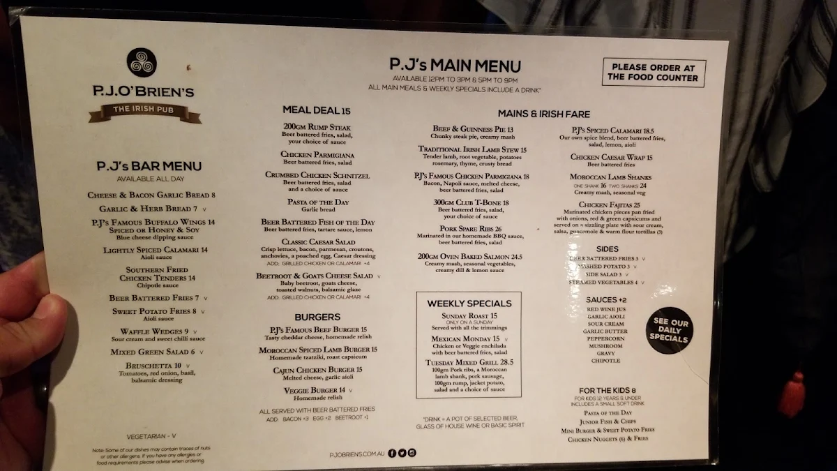 Menu, P.J.O'Brien's Irish Pub