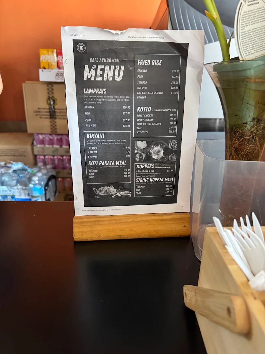Menu, Cafe Ayubowan