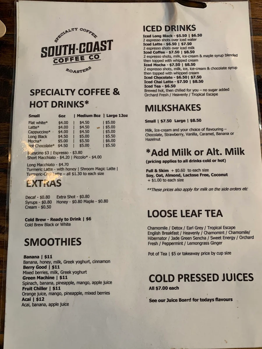 Menu, South Coast Coffee Co.