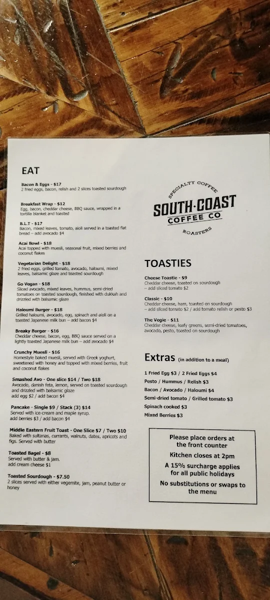 Menu, South Coast Coffee Co.