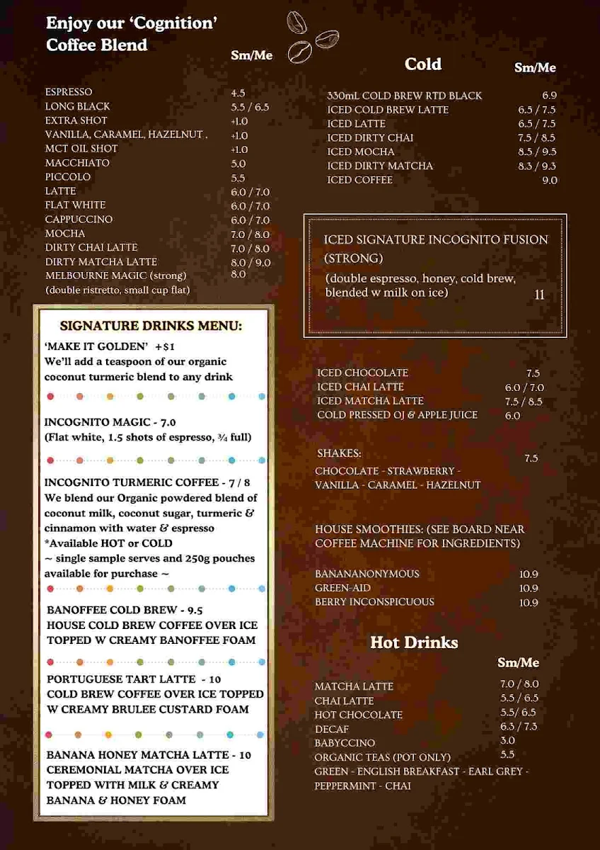 Menu, Incognito Cafe