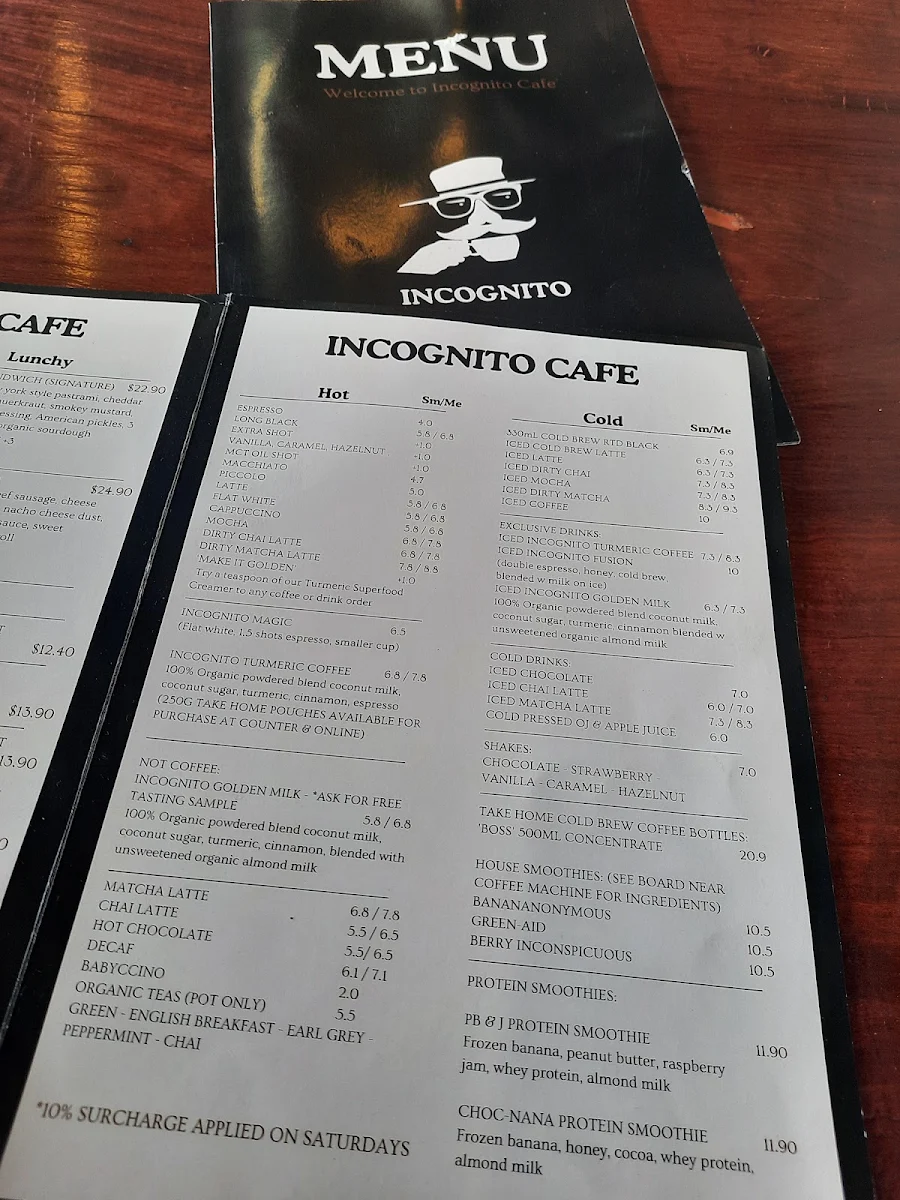 Menu, Incognito Cafe