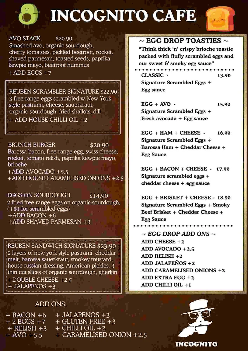Menu, Incognito Cafe