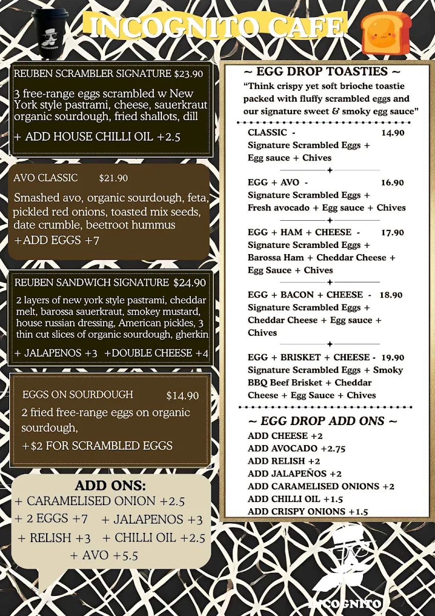 Menu, Incognito Cafe