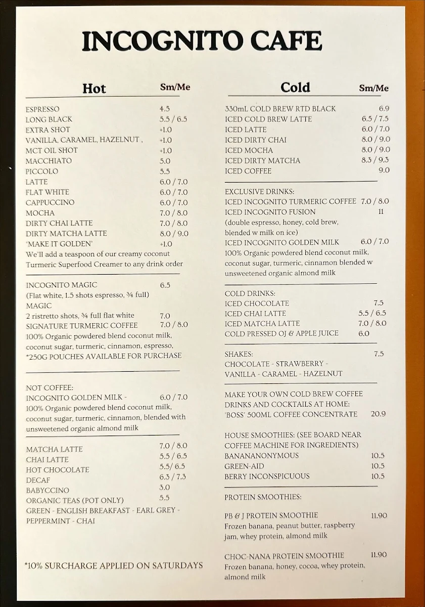 Menu, Incognito Cafe
