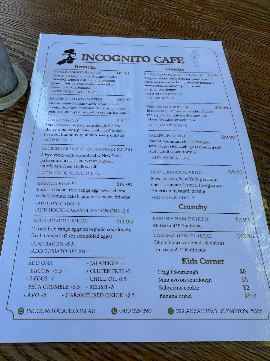 Menu, Incognito Cafe